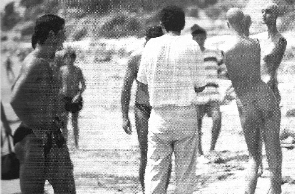 The artist talking to people at the beach